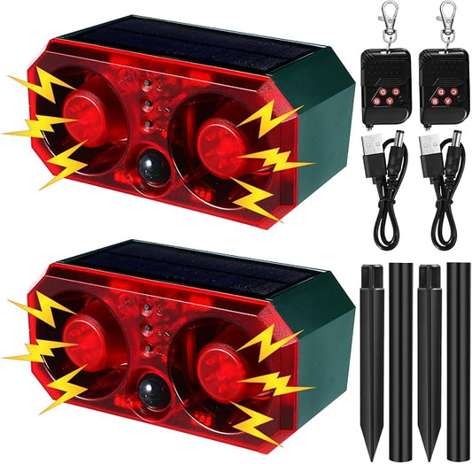 Qualirey 2 Pcs Solar Outdoor Motion Sensor Alarm with Stake Animal Deterrent Dog Barking Sensor 13 Sound 130dB Loud Noise Maker 4 Mode with USB Remote Control Support Recording Volume Adjustment