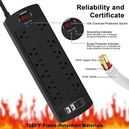 15 Ft Extension Cord Power Strip, Teiobar Surge Protector with 12 AC Outlets and 4 USB Ports for Home, Office, Dorm Essentials, 1875W/15A, 2700 Joules, ETL Listed, Black