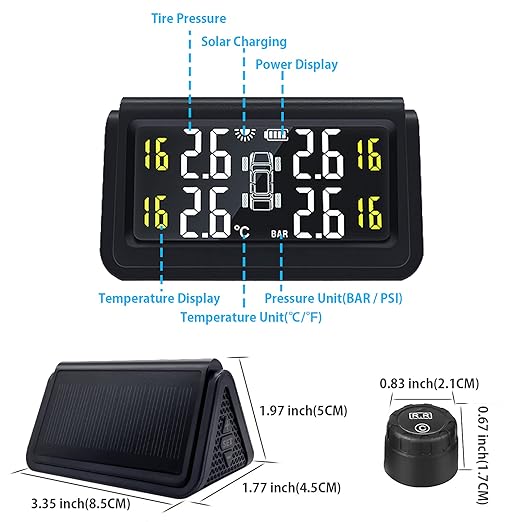 Tire Pressure Monitoring System for Cars with 4 Auto Alarm Modes, Solar Charge, Wireless Smart Real-time, 4 IP67 Waterproof Anti-Theft External TMPS Sensors (0~50psi/0~3.5bar)