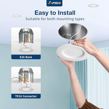 Amico 24 Pack 5/6 inch 5CCT LED Recessed Lighting, Dimmable, 12.5W=100W, 950LM, 2700K/3000K/4000K/5000K/6000K Selectable, Retrofit Can Lights with Baffle Trim, IC Rated - ETL & FCC, White
