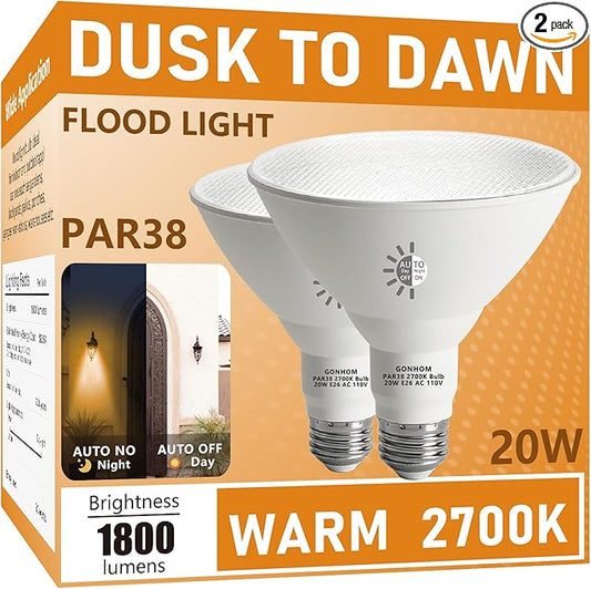Gonhom Par38 LED Dusk to Dawn Flood Light Bulbs Outdoor,20W Replace up to 200W,1800LM,E26 Base Outdoor Flood Light Bulbs for Backyard,Garage,Porch,Garden,2700K 2 Pack