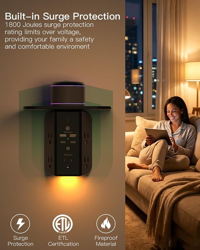 Wall Outlet Extender with Shelf and Night Light, Surge Protector, USB Wall Charger with 5 AC Outlets and 2 USB A Ports 2 USB C Ports Wide Space 3-Sided Power Strip Multi Plug Outlets, Black