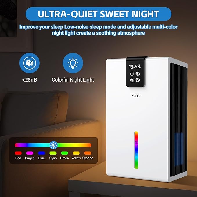 PSOS Dehumidifier, 98 OZ Water Tank, Dehumidifiers for Home, (1000 sq.ft) Quiet Dehumidifier for Bedroom Bathroom Basement with Humidity Display, Auto Shut Off, Relaxing 7 Color Ambient Light(White)