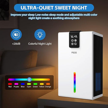 PSOS Dehumidifier, 98 OZ Water Tank, Dehumidifiers for Home, (1000 sq.ft) Quiet Dehumidifier for Bedroom Bathroom Basement with Humidity Display, Auto Shut Off, Relaxing 7 Color Ambient Light(White)