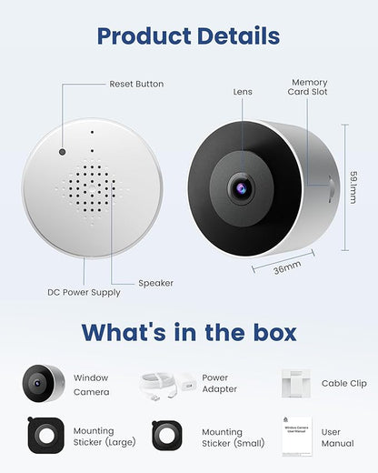 3MP 2K Window Camera, WiFi6 Indoor Camera for Home Security, with Full-Color Night Vision, AI Person/Vehicle/Motion Detection, 24/7 Recording, Easy & Quick Install, Replaces Outdoor Cameras
