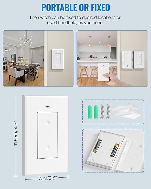 2 Pack Wireless Light Switch and Receiver Kit, WILAWELS Wireless On Off Switches for Ceiling Light, Lamp, Moveable Remote Wall Switch, 100FT Range, No in-Wall Wiring Required, Expandable W06RC11P206
