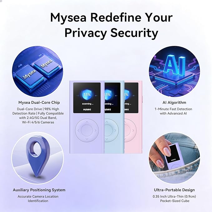 Mysea Hidden Camera Detector with Screen - Portable AI Anti Spy Camera Detector, 2.4G/5G Dual-Band WiFi Detection, Rechargeable Long Battery Life for Hotel, Office, Travel, Home (Glacier Blue)
