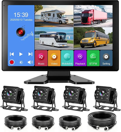 4 Channel RV Backup Camera System with 10.1" Touch Screen Monitor, DVR Recording, 4 x 1080P Waterproof Cameras, Quad Split, Bluetooth, for RV Truck Trailer Bus