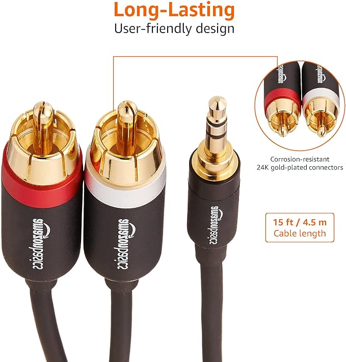 Amazon Basics 3.5mm Aux to 2 RCA Audio Cable for Amplifiers, Active Speakers, Smartphones, Tablet with Gold-Plated Plugs, Stereo Audio, 15 Feet/4.6 m, Black