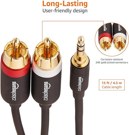 Amazon Basics 3.5mm Aux to 2 RCA Audio Cable for Amplifiers, Active Speakers, Smartphones, Tablet with Gold-Plated Plugs, Stereo Audio, 15 Feet/4.6 m, Black