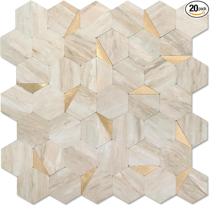 20 Sheets Hexagon Peel and Stick Backsplash for Kitchen Wall, Heat Resistant Stick on Backsplash PVC Smart Tiles, 12'' Beige Marble Waterproof Peel and Stick Wall Tiles for Bathroom