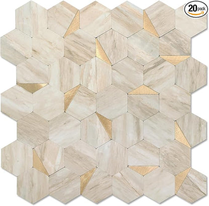 20 Sheets Hexagon Peel and Stick Backsplash for Kitchen Wall, Heat Resistant Stick on Backsplash PVC Smart Tiles, 12'' Beige Marble Waterproof Peel and Stick Wall Tiles for Bathroom