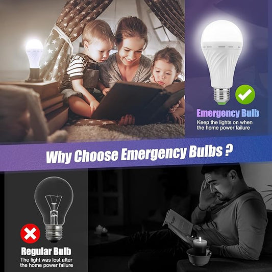 Emergency-Rechargeable-Light-Bulb, Stay Lights Up When Power Failure, 1500mAh 12W 60W Equivalent LED Light Bulbs for Home, Camping, Hiking (E27, with Hook,with Plug Cap) 2 Pack