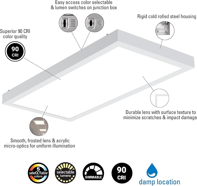 Metalux MMS Multi-Mount 1x2 LED Panel Ceiling Light with 5 CCT and Lumen Select, 0-10V Dimming, Surface Mount, Recessed, Suspended, Wall Mount, 90 CRI - 12MMS-L3C5-UNV