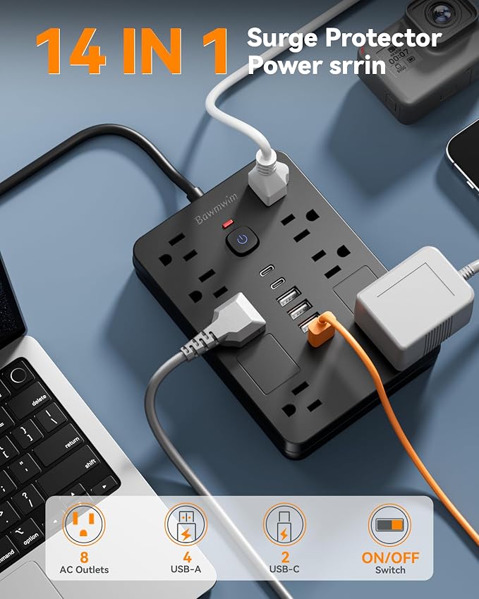 Surge Protector Power Strip - 8 Outlets(1850W/15A/14AWG) with 6 USB Ports（2 USB C, 10FT Flat Plug Extension Cord, Wall Mount Multi Plug Outlet Extender, ETL Listed for Home, Dorm Room, Black