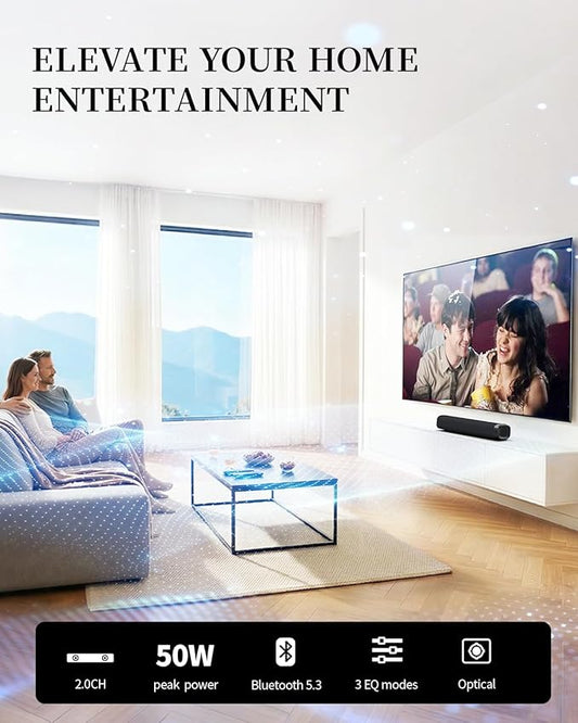 Sound Bar – 50W, Sound Bar for Smart TV, Sound Bar with Bluetooth 5.0, Optical/AUX Connectivity, Remote Control, Wall-Mountable Home Theater Audio, Compatible with TV, PC, and Phone