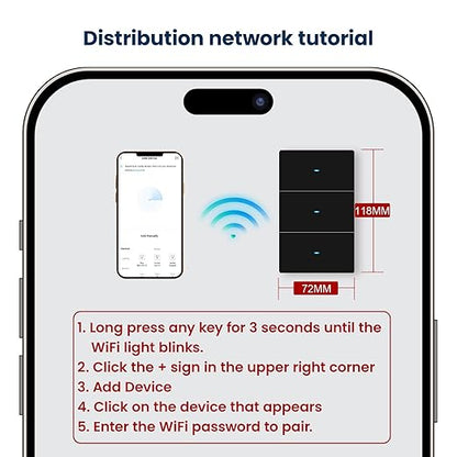 Smart Light Switch Need Neutral Wire,FCC Certified,2.4GHz WiFi Push Button Switch Compatible with Alexa,APP Control Compatible with Tuya/Smart Life,Black 3 Gang