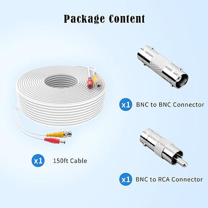1 Pack 150ft White BNC Video Power Cable Security Camera Cable Wire Cord for CCTV DVR Surveillance System with Connectors (BNC Female and BNC to RCA) (White, 150FT)