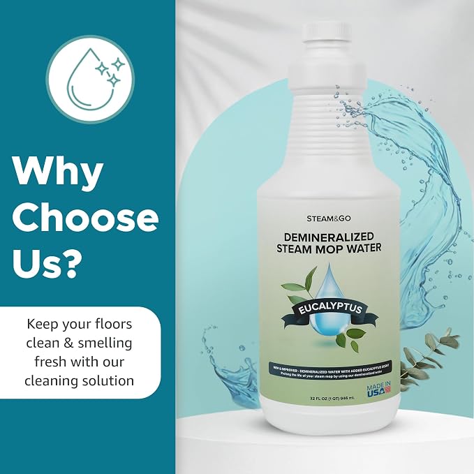 Steam & Go Demineralized Water for Steam Mop – Eucalyptus Mint Scent, 32 oz (Pack of 18) | Scented Floor Cleaner Solution, Ready-to-Use, Compatible with Any Steam Cleaner