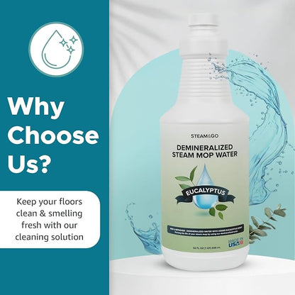 Steam & Go Demineralized Water for Steam Mop – Eucalyptus Mint Scent, 32 oz (Pack of 12) | Scented Floor Cleaner Solution, Ready-to-Use, Compatible with Any Steam Cleaner