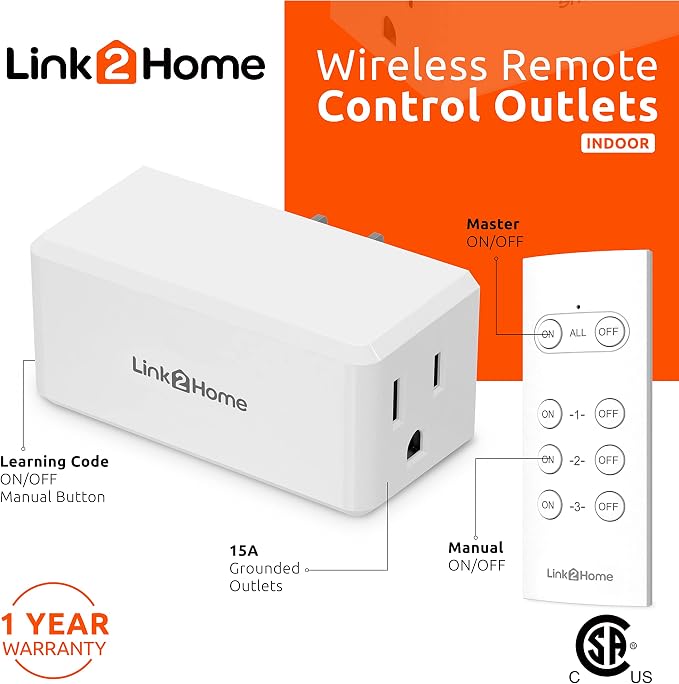 Link2Home Wireless Remote-Control Outlet, 3 Outlets, 1 Remote, White
