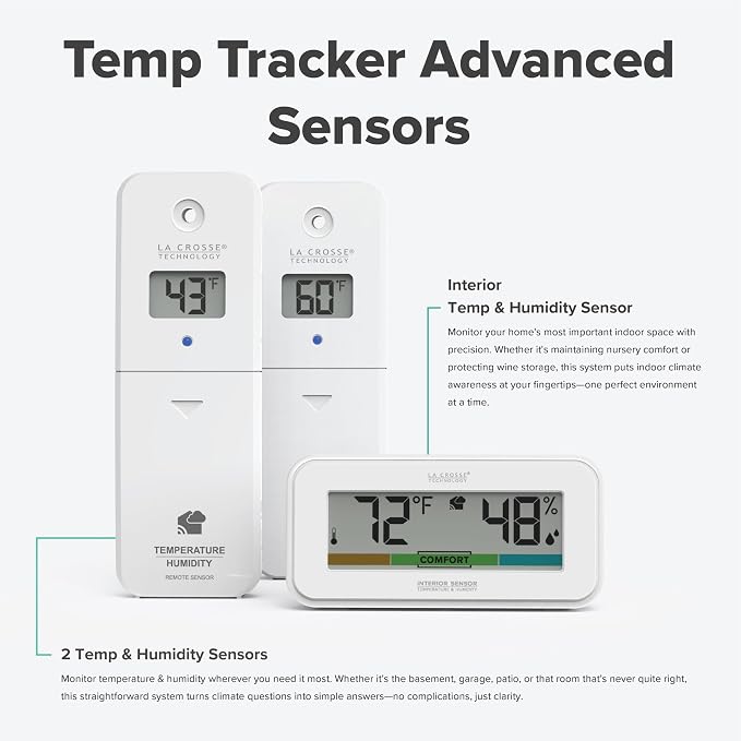 Temp Tracker Advanced Wi-Fi Alert System with the Bridge Gateway, 2 Indoor Outdoor Temperature and Humidity Sensors, an Interior Temperature and Humidity Display with Comfort Meter