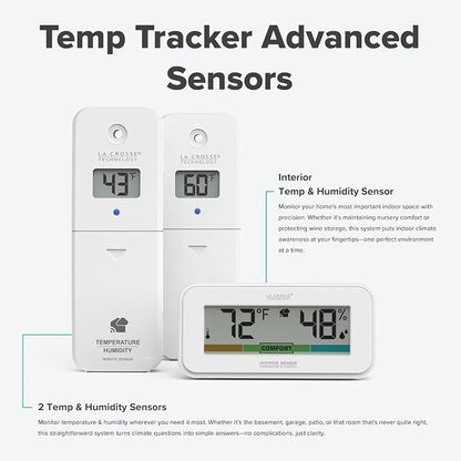 Temp Tracker Advanced Wi-Fi Alert System with the Bridge Gateway, 2 Indoor Outdoor Temperature and Humidity Sensors, an Interior Temperature and Humidity Display with Comfort Meter