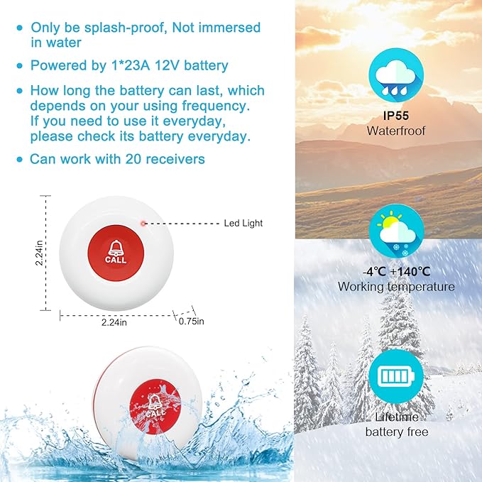 CallToU Wireless Caregiver Pager Call Button Life Medical Alert Systems for Seniors at Home Disabled, Patient Elderly Monitorig Nurse Call Bell Help System Calling Vibration Pagers (3)