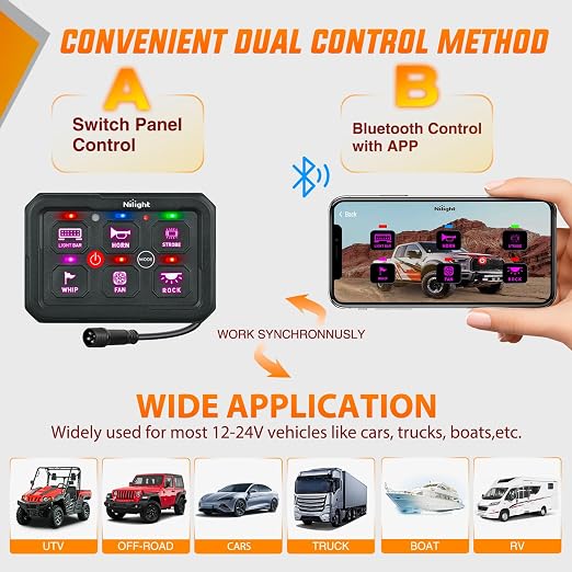 Nilight 6 Gang Switch Panel APP RGB 12V 24V Circuit Control System 4-Mode | w/Power Source Switch APP Control Automatic Dimmable Toggle/Momentary/Strobe/Flash for Car Pickup Truck Camper SUV