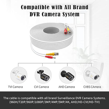 1 Pack 100ft White BNC Video Power Cable Security Camera Cable Wire Cord for CCTV DVR Surveillance System with Connectors (BNC Female and BNC to RCA) (White, 100FT)