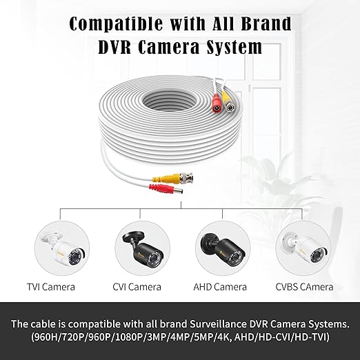 1 Pack 100ft White BNC Video Power Cable Security Camera Cable Wire Cord for CCTV DVR Surveillance System with Connectors (BNC Female and BNC to RCA) (White, 100FT)