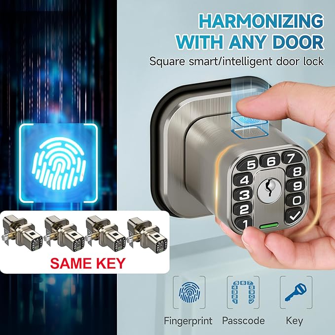 Richelock Fingerprint Door knob, Smart Biometric Door Lock with Keypad, Keyless Entry Code Door Knob, Waterproof & Weatherproof, Auto Lock,Voice Navigation, for Bedroom, Gate,Office