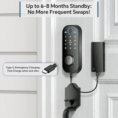 Ulecoce DL08 Fingerprint Smart Deadbolt with App Control, Mate Black | 5‑in‑1 Smart Deadbolt with Remote Control, Auto‑Lock, Touchscreen Keypad, 5 Keys & 2 Fobs, USB‑C Port, ANSI Grade 3 Security