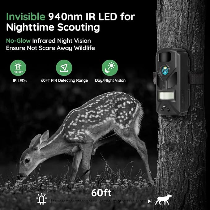 OUTDOOR EXPERT 20MP Mini Trail Camera, 1080P Hunting Camera with No Glow 940nm Night Vision Motion Activated IP66 Waterproof, 80ft Illumination Range for Wildlife Monitoring, Outdoor Use