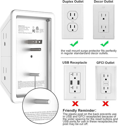 Outlet Extender, Surge Protector Outlet with 5-Multi Plug Outlet and 4 USB Ports(2 USB C), 3-Sided 1680J Power Strip Wall Charger, Multiple-Plug Outlet Splitter for Home Travel Office,ETL Listed,White