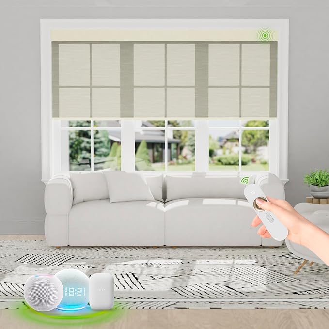 Motorized Blinds with Remote [Light Filtering] Smart Blinds Compatible with Alexa Google HomeKit, 50% Blackout Automatic Roller Shades for Indoor Windows, Customized Size, Mist Olivewood