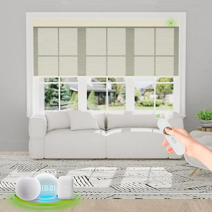 Motorized Blinds with Remote [Light Filtering] Smart Blinds Compatible with Alexa Google HomeKit, 50% Blackout Automatic Roller Shades for Indoor Windows, Customized Size, Mist Olivewood