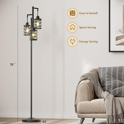 Oneach 70" Industrial Floor Lamp, Stepless Dimmable Standing Lamp with 3 Bulbs, Farmhouse Corner Standing Tree Lamp for Living Room, Tall Lamps for Bedroom, Office, Study Room, Dining Room, Black