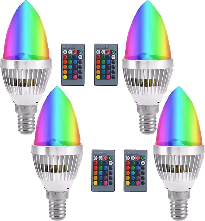 Lxcom Lighting 3W RGB E12 Candelabra LED Bulb Color Changing Candle Light Lamp Remote Control Bulb 16 Colors 4 Modes with Memory Function E12 Candle Base for Home Bar Party KTV Mood Lighting,4 Pack
