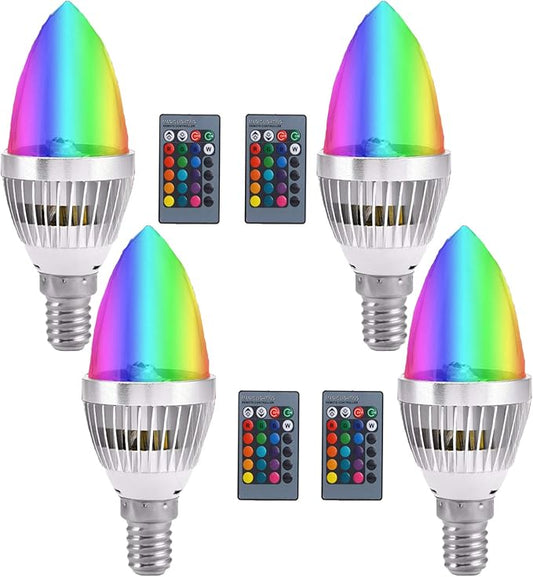Lxcom Lighting 3W RGB E12 Candelabra LED Bulb Color Changing Candle Light Lamp Remote Control Bulb 16 Colors 4 Modes with Memory Function E12 Candle Base for Home Bar Party KTV Mood Lighting,4 Pack