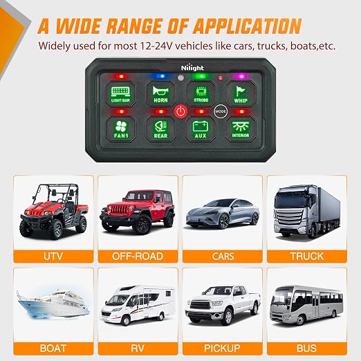 Nilight 8 Gang Switch Panel Green 12V 24V Circuit Control System 4-Mode | Fuse Wiring Harness Automatic Dimmable LED Pod Toggle/Momentary/Strobe/Flash Modes for Car Pickup Truck Camper SUV