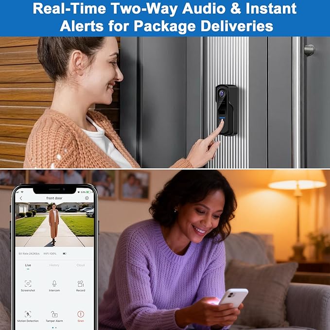 Doorbell Camera Wireless with Chime,no Subscription,Two-Way Talk, HD Smart Home Video Doorbell,Battery Powered,Night Vision, Motion Detection & Alerts,Compatible with Alexa & Google,2.4G WiFi Only