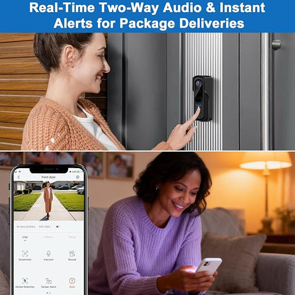 Doorbell Camera Wireless with Chime,no Subscription,Two-Way Talk, HD Smart Home Video Doorbell,Battery Powered,Night Vision, Motion Detection & Alerts,Compatible with Alexa & Google,2.4G WiFi Only