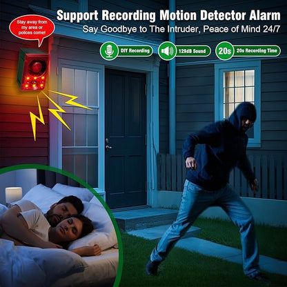 ChunHee Solar Outdoor Motion Sensor Alarm with Dog Barking Gunshot Sound, Support Recording and Adjustable Volume, 130db Loud Noise Maker 3 Work Modes Strobe Light for Home, Villa, Farm, Barn (1pack)