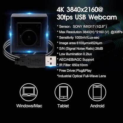 170 Degree Fisheye 4K Webcam 2160P USB Camera with Sony IMX317 Sensor PC Webcamera for Industrial, 30fps 2160P Webcam with Microphone Mini Camera Support Most OS Web Cams