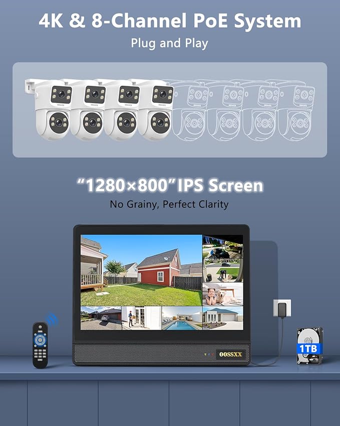 OOSSXX (2026 New 4K PoE Security Camera System with 10'' Monitor, 8CH NVR 1TB HDD and 4 Dual Lens Cameras, Fixed + PTZ Auto Tracking, AI Detection, 2-Way Audio