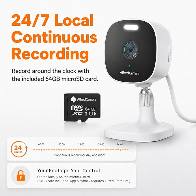 AlfredCam Plus 2 Smart Home Security Camera 2.5K, WiFi 2.4 & 5GHz, Indoor/Outdoor, IP65 Waterproof, LED Spotlight, Two-Way Audio, Color Night Vision, Baby/Pet Cam, App Powered (100M+ downloads)
