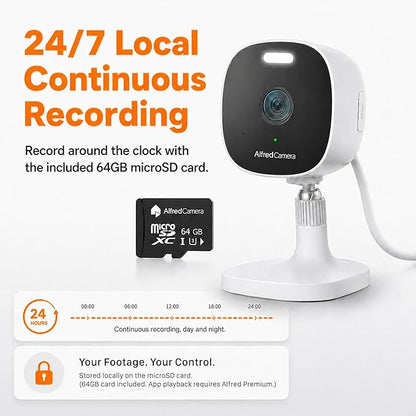 AlfredCam Plus 2 Smart Home Security Camera 2.5K, WiFi 2.4 & 5GHz, Indoor/Outdoor, IP65 Waterproof, LED Spotlight, Two-Way Audio, Color Night Vision, Baby/Pet Cam, App Powered (100M+ downloads)