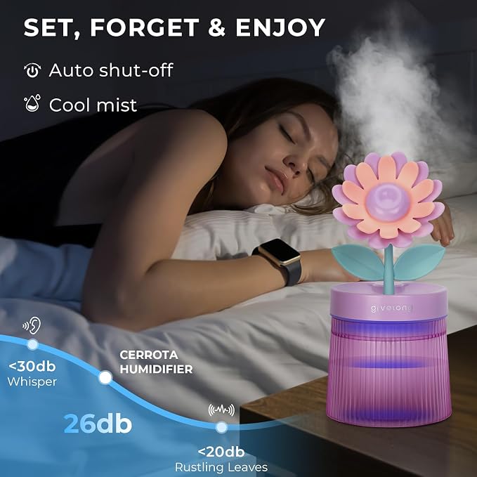 Cute Flower Mini Humidifier, Small Cool Mist Desk Humidifiers, Portable USB Personal Desktop Plant Humidifiers, Cooling for Home Office Car Travel Indoor Outdoor (260ml, Purple Sunflower)