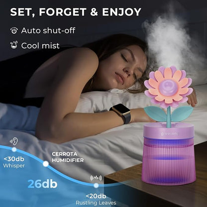 Cute Flower Mini Humidifier, Small Cool Mist Desk Humidifiers, Portable USB Personal Desktop Plant Humidifiers, Cooling for Home Office Car Travel Indoor Outdoor (260ml, Purple Sunflower)